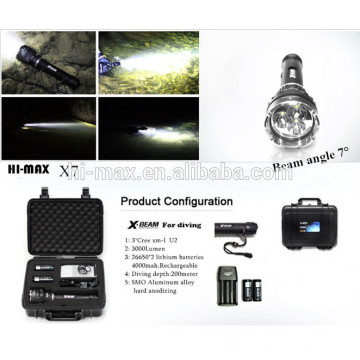 Hi-max cree xm-l u2x3led 3800 lm most powerful led rechargeable flashlight